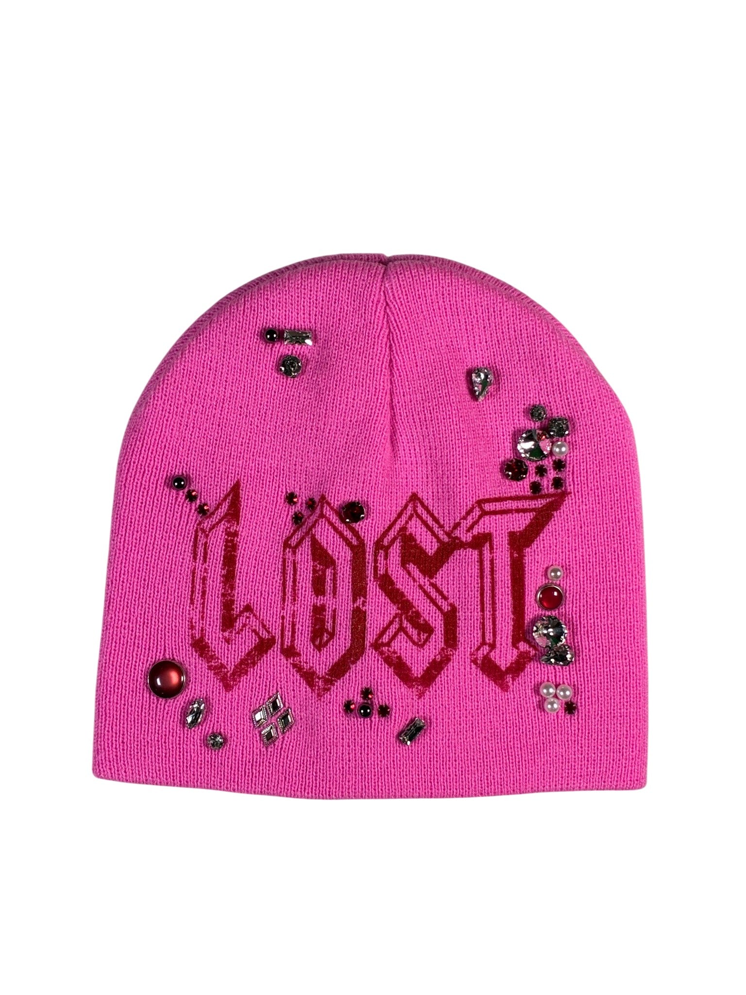 Lost Intricacy 'Clear Rhinestone' Pink & Red Beanie