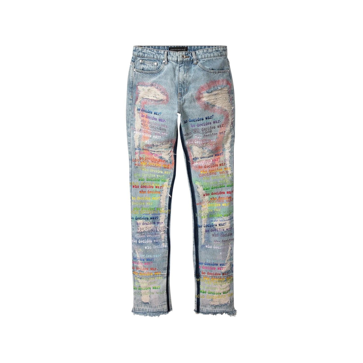 Who Decides War 'Rainbow Scripture Rhinestone' Light Wash Blue Jeans