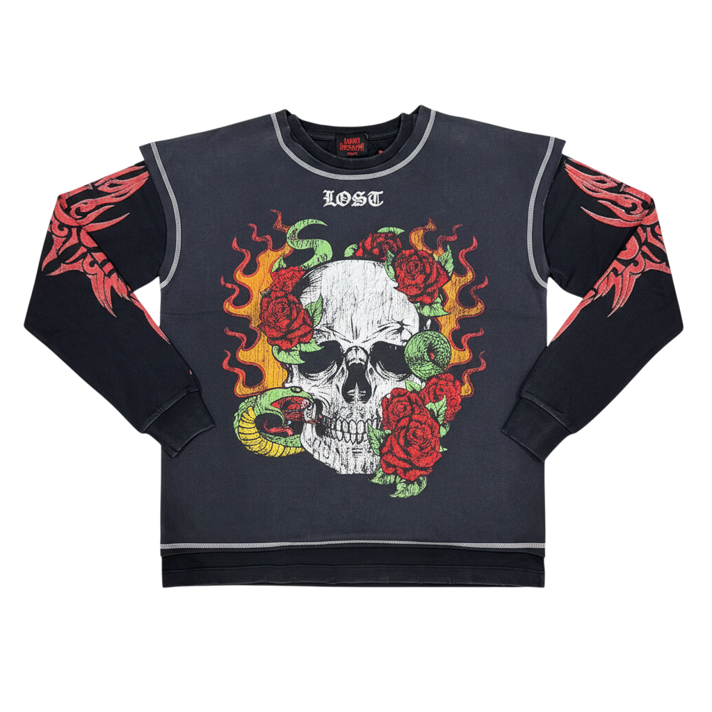 Lost Intricacy 'Skully Double' Black Rhinestone LS Tee