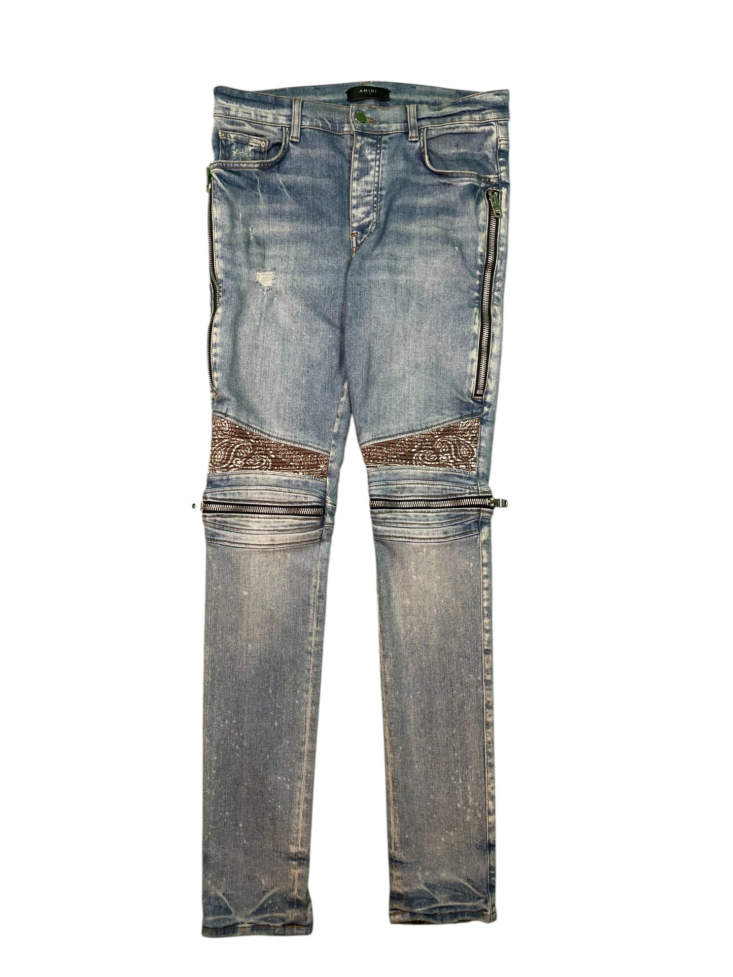 Amiri MX2 Brown Paisley Patch Light Wash Blue Jeans