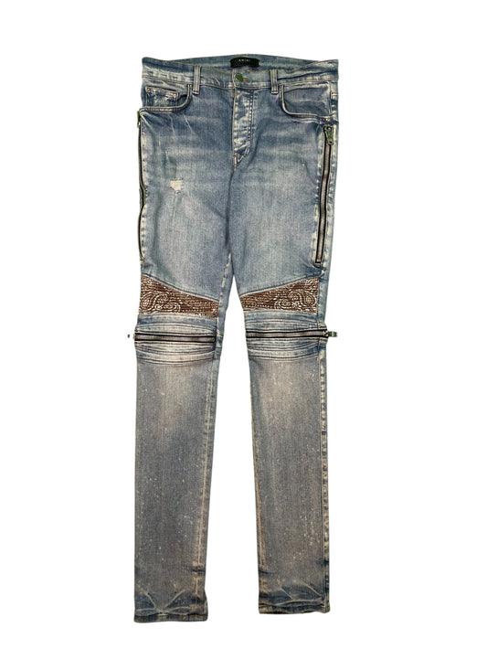 Amiri MX2 Brown Paisley Patch Light Wash Blue Jeans